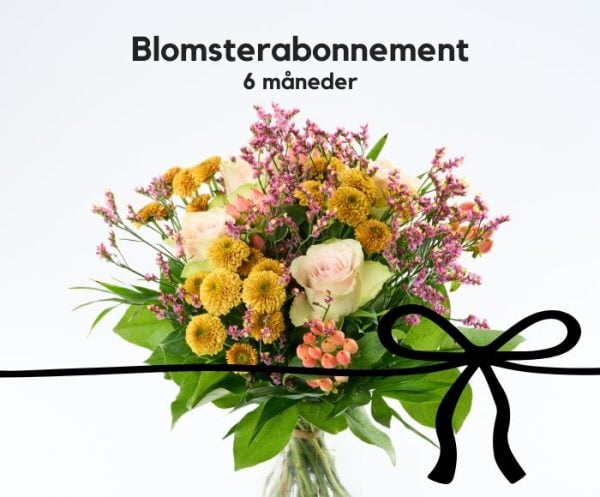 En buket i varme nuancer, hvor der ovenover står "Blomsterabonnement - 6 måneder"